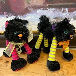 Black Cats Plush Long Stripped Feets Halloween Fine Toy Pink-yellow Vtg LOT 2